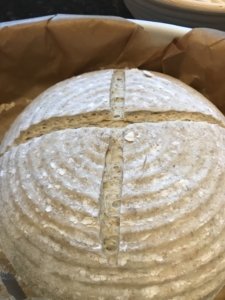 Kamut flour sourdough scored and ready for baking
