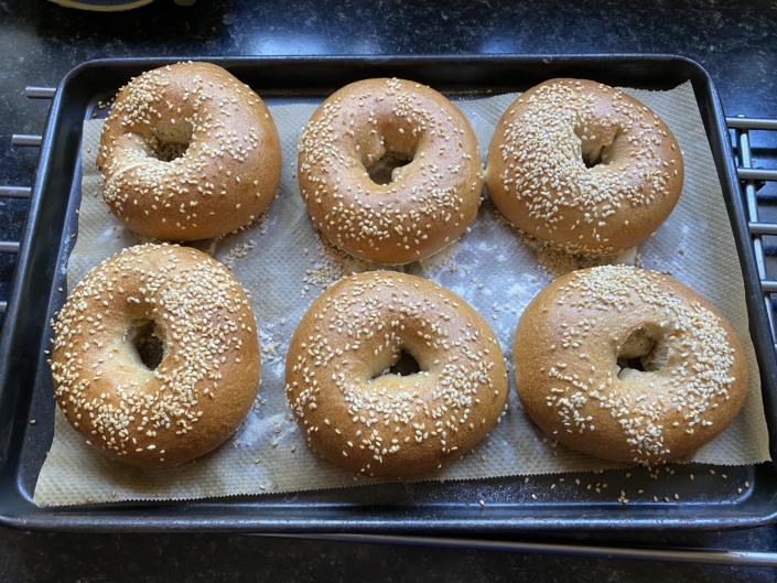 Sourdough bagels covered in sesame seeds